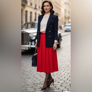 Vintage Ko Ko Knits Red Pleated Midi Skirt Made in USA High Waist Size 12